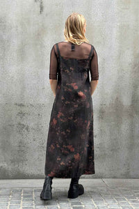 NICOLA SCREEN apron dress midi mud silk | black floral