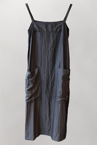 100% mud silk, black apron style maxi dress with patch pockets