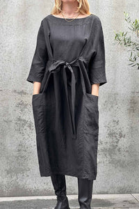 NICOLA SCREEN panel pocket tie dress mud silk | black cracked